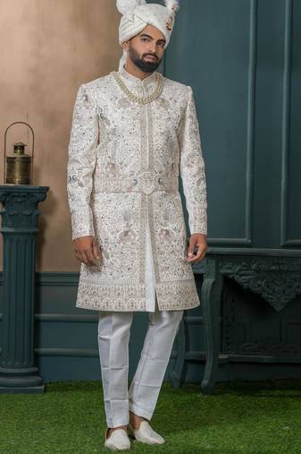 Off white silk embroidered sherwani for mens