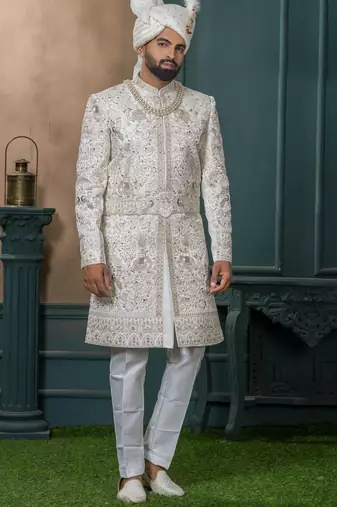 Off white silk embroidered sherwani for mens