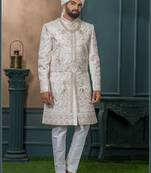 Off white silk embroidered sherwani for mens