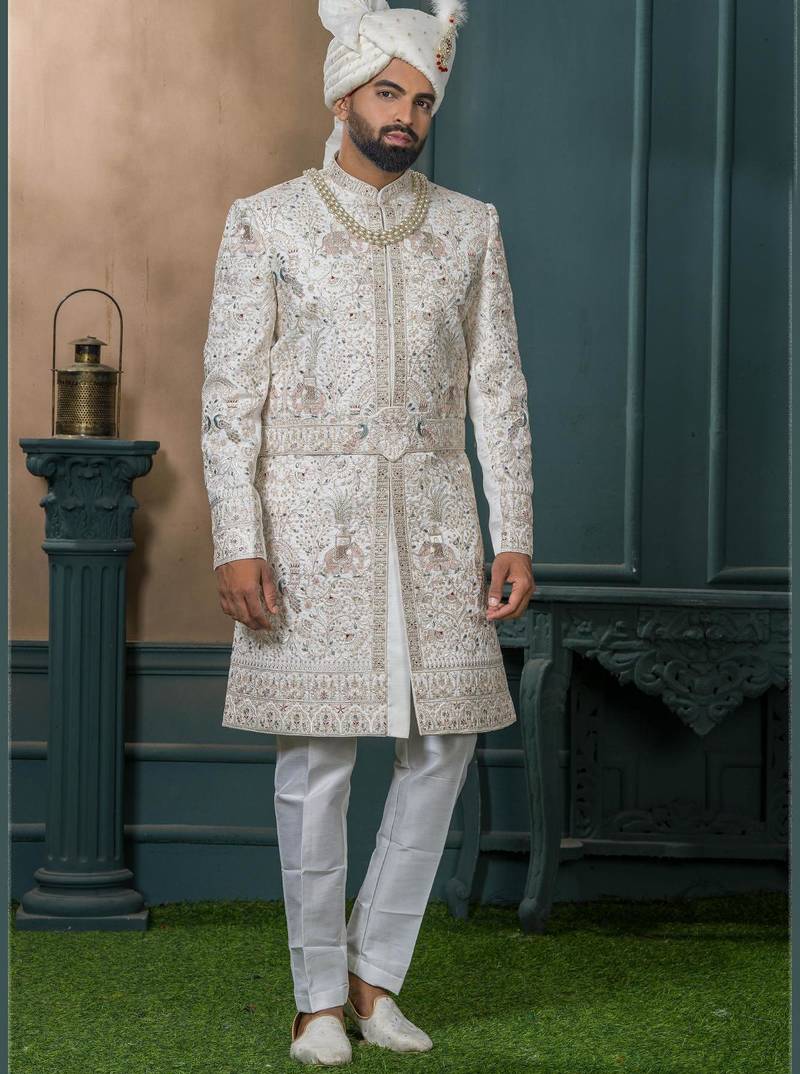 Off white silk embroidered sherwani for mens