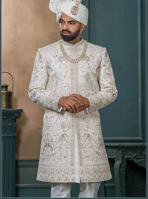 Off white silk embroidered sherwani for mens 2