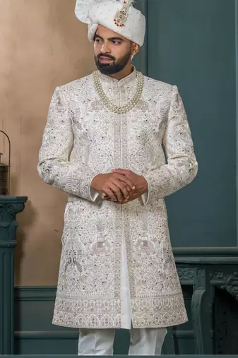 Off white silk embroidered sherwani for mens
