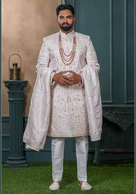 Off White silk embroidered sherwani for mens 1