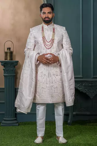 Off White silk embroidered sherwani for mens