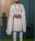 Off White silk embroidered sherwani for mens