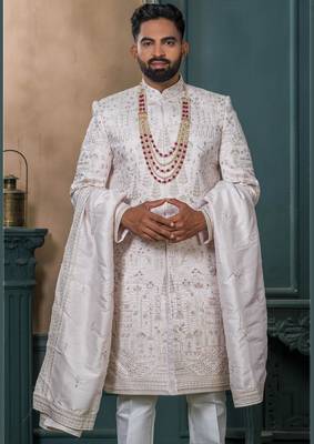 Off White silk embroidered sherwani for mens 2