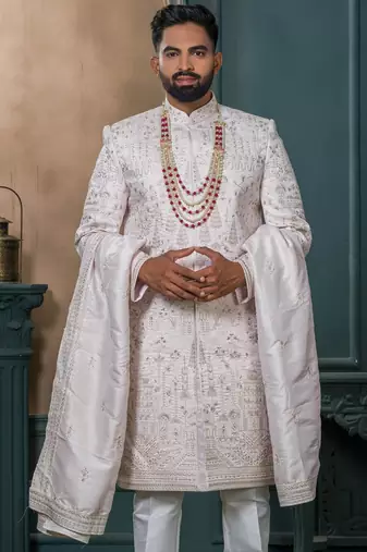 Off White silk embroidered sherwani for mens