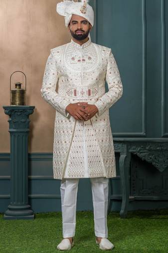 Cream silk embroidered sherwani for mens