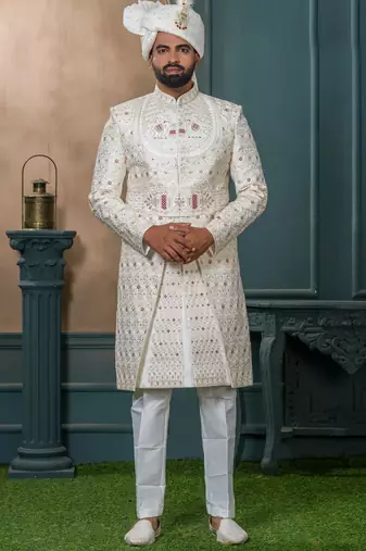 Cream silk embroidered sherwani for mens