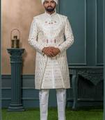 Cream silk embroidered sherwani for mens