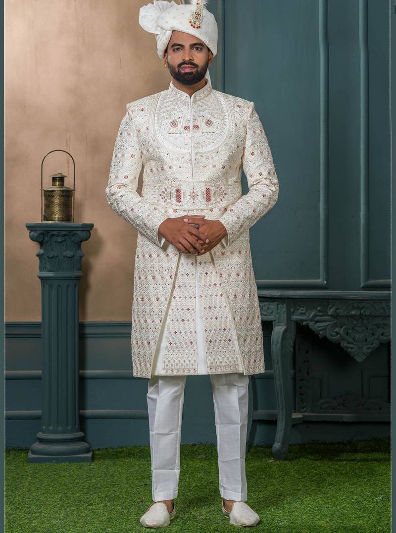 Cream silk embroidered sherwani for mens