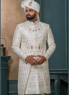 Cream silk embroidered sherwani for mens 2