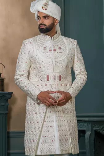 Cream silk embroidered sherwani for mens