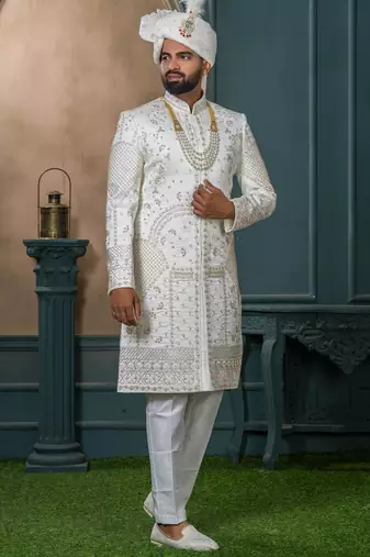 Off white silk embroidered sherwani for mens