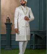 Off white silk embroidered sherwani for mens