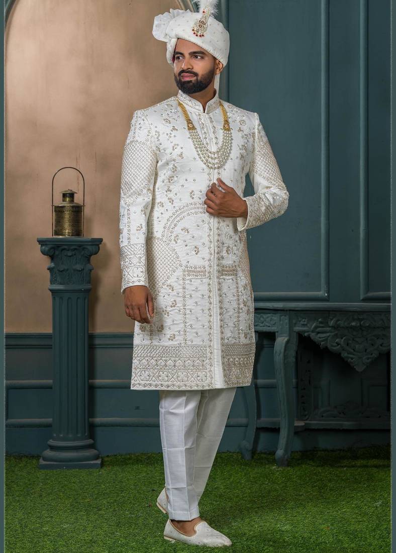 Off white silk embroidered sherwani for mens