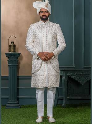 Off white silk embroidered sherwani for mens 1