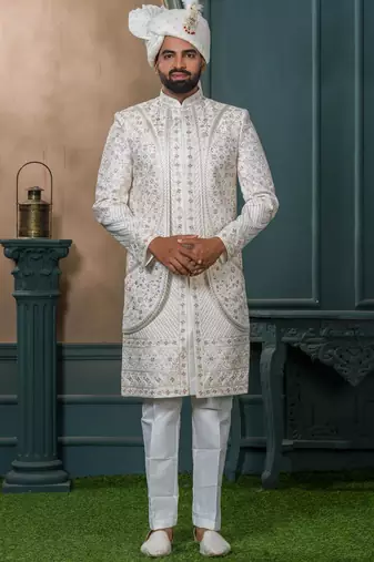 Off white silk embroidered sherwani for mens