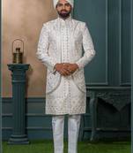 Off white silk embroidered sherwani for mens