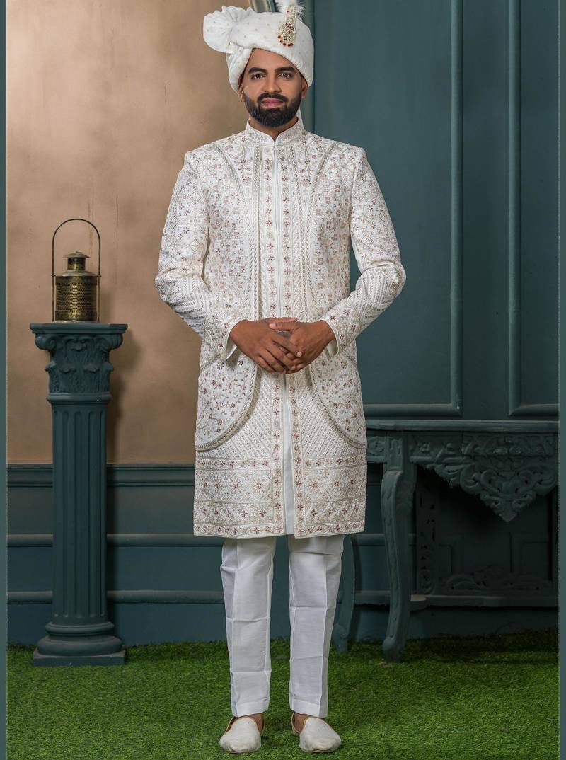 Off white silk embroidered sherwani for mens