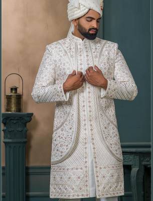 Off white silk embroidered sherwani for mens 2