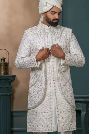 Off white silk embroidered sherwani for mens