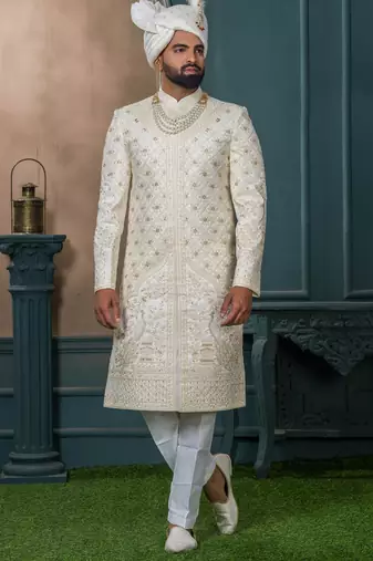 Cream silk embroidered sherwani for mens