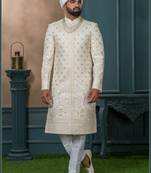 Cream silk embroidered sherwani for mens