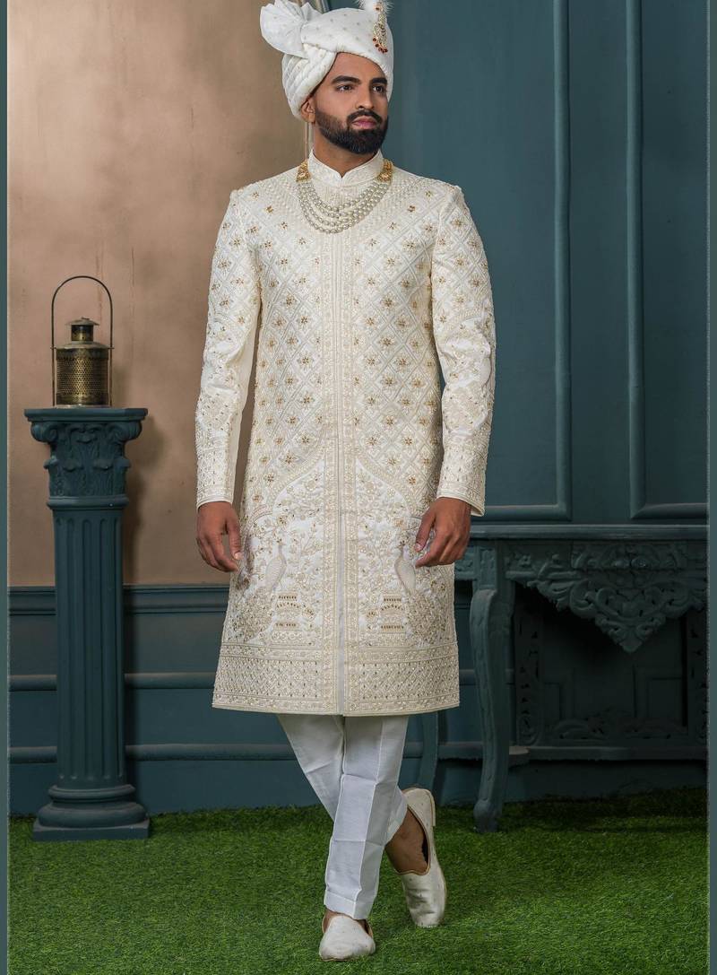 Cream silk embroidered sherwani for mens