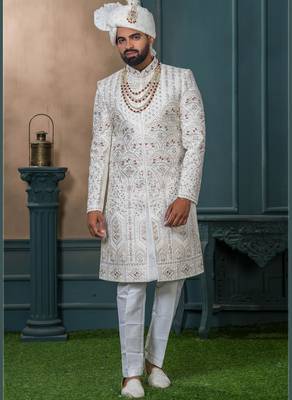 Off white silk embroidered sherwani for mens 1