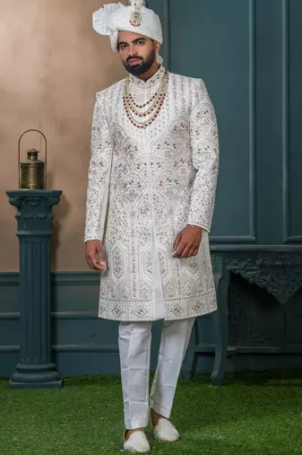 Off white silk embroidered sherwani for mens