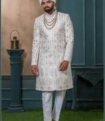 Off white silk embroidered sherwani for mens