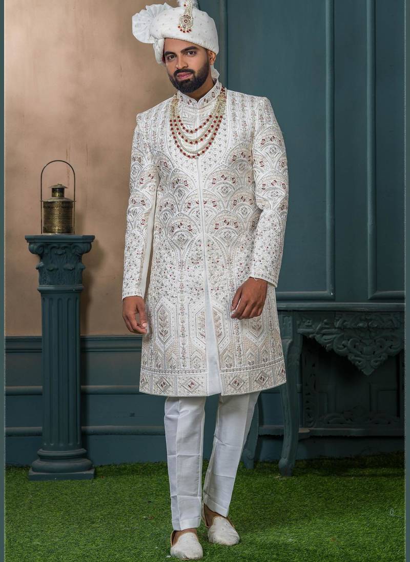 Off white silk embroidered sherwani for mens