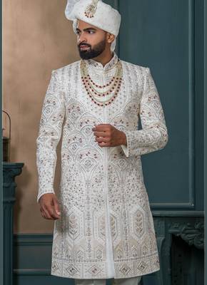 Off white silk embroidered sherwani for mens 2
