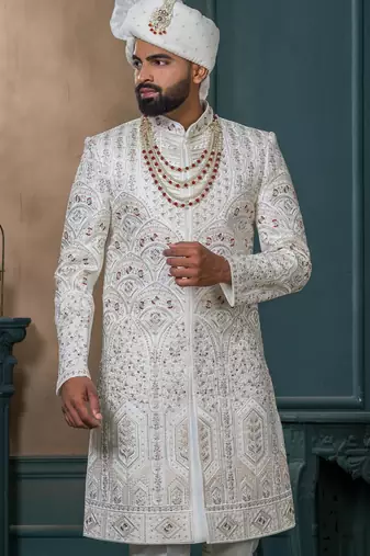 Off white silk embroidered sherwani for mens