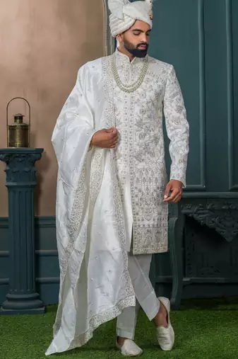 Off white silk embroidered sherwani for mens