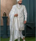 Off white silk embroidered sherwani for mens