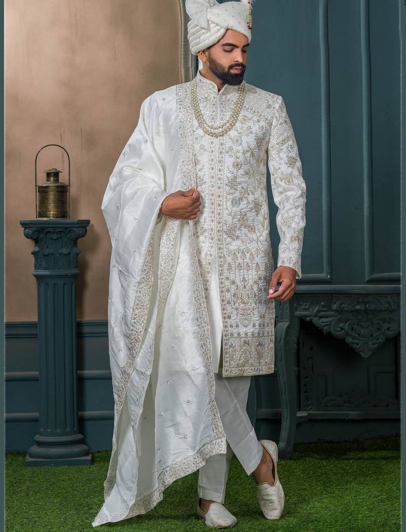 Off white silk embroidered sherwani for mens