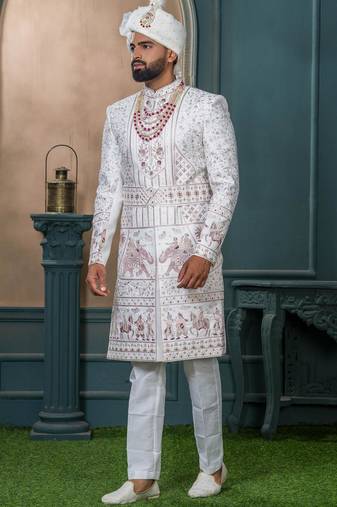 Off white silk embroidered sherwani for mens