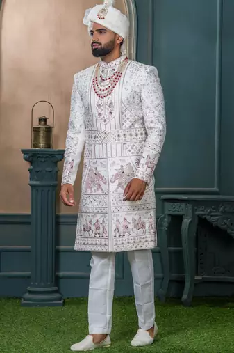 Off white silk embroidered sherwani for mens