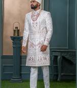 Off white silk embroidered sherwani for mens