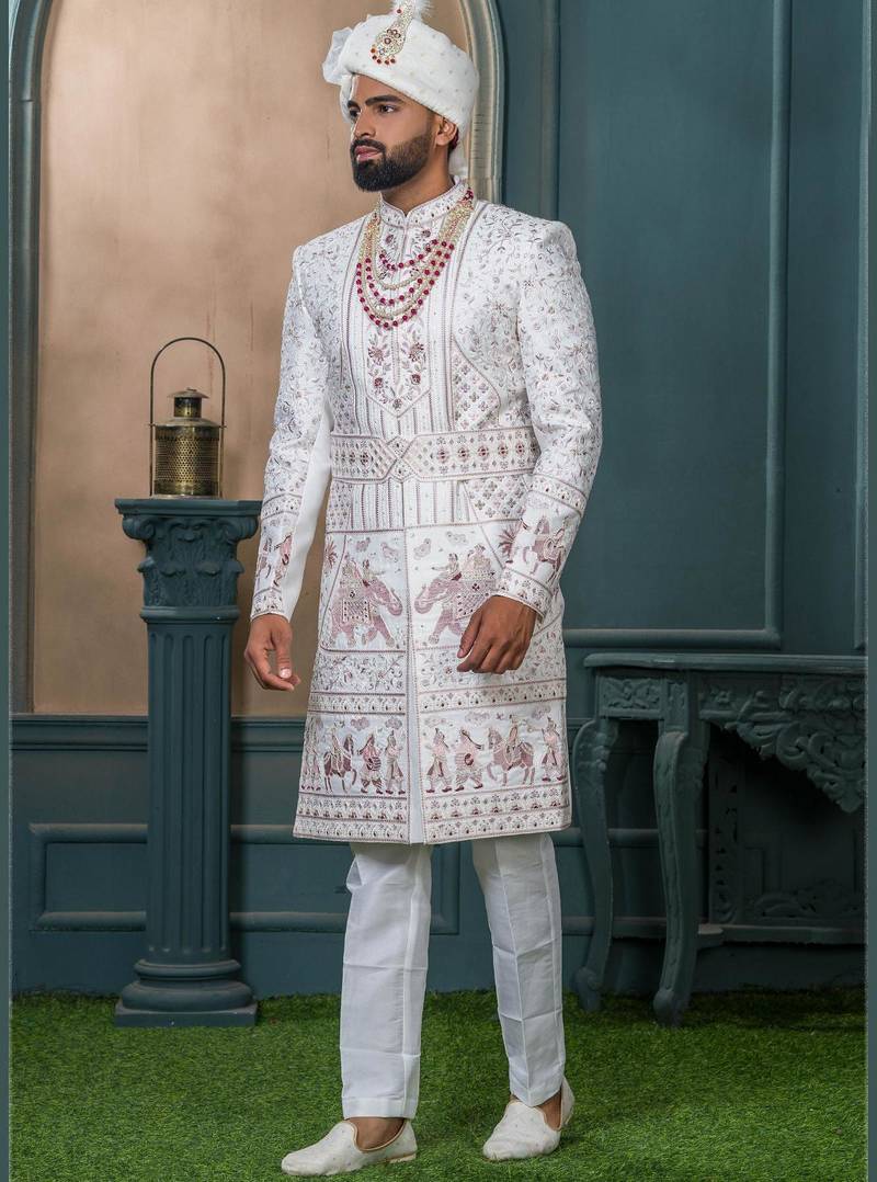 Off white silk embroidered sherwani for mens