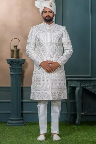 Off white silk embroidered sherwani for mens