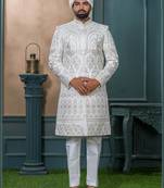 Off white silk embroidered sherwani for mens