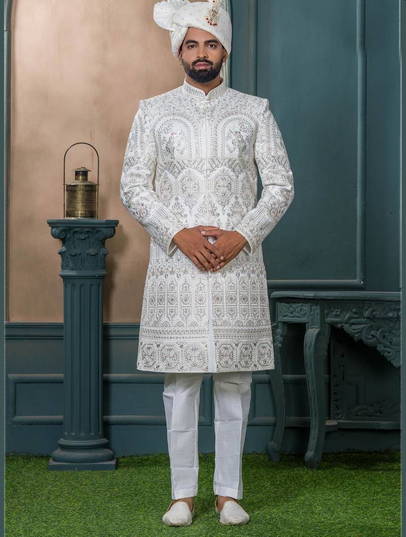 Off white silk embroidered sherwani for mens