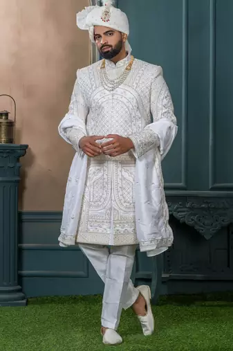 Off white silk embroidered sherwani for mens