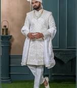Off white silk embroidered sherwani for mens