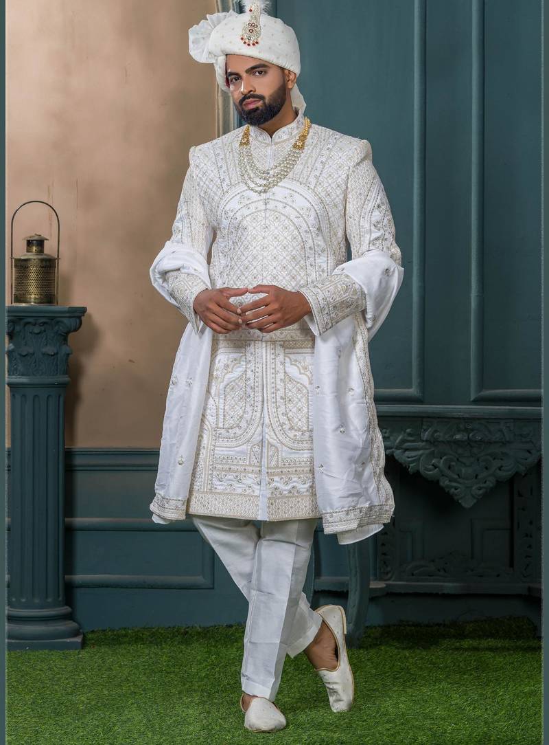 Off white silk embroidered sherwani for mens