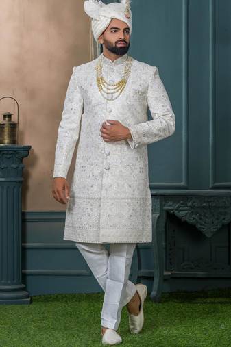 Cream silk embroidered sherwani for mens