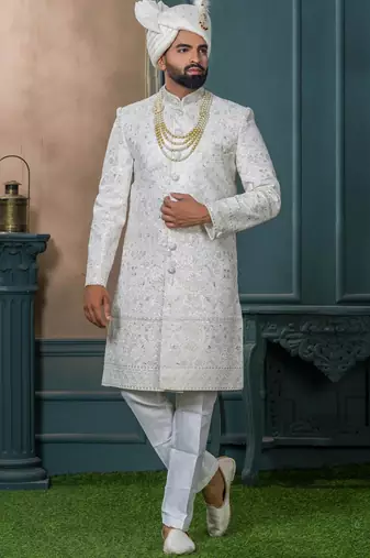 Cream silk embroidered sherwani for mens